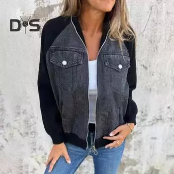 Осень-зима женская куртка соответствующего цвета с карманами на молнии кардиган с длинными рукавами в стиле пэчворк реглан с отложным воротником повседневное повседневное пальто M синий