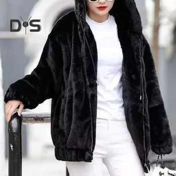 Осень-зима женская куртка толстый плюшевый сплошной цвет с капюшоном теплая ветрозащитная мягкая застежка-молния свободный кардиган с длинным рукавом женское пальто 3XL чёрный