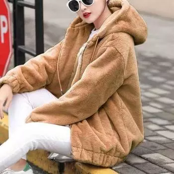 Осень-зима женская куртка толстый плюшевый сплошной цвет с капюшоном теплая ветрозащитная мягкая застежка-молния свободный кардиган с длинным рукавом женское пальто 3XL чёрный