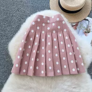 Осень-зима Женская Милая вязаная кофта в горошек Мини Короткая плиссированная юбка One Size розовый