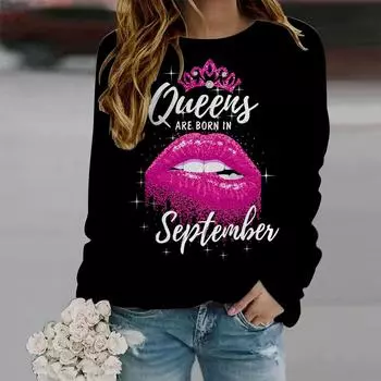 Осень-зима женская мода с длинным рукавом и круглым вырезом футболка свободная одежда с принтом красных губ футболка XS чёрный