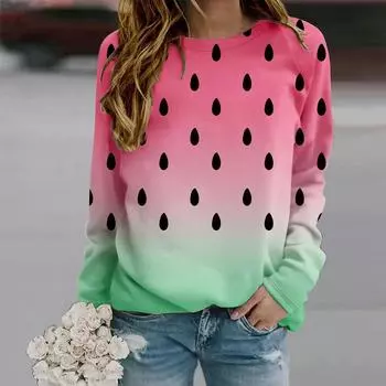 Осень-зима женская мода с круглым вырезом и длинным рукавом футболка свободная одежда футболка с принтом арбуза XS белый