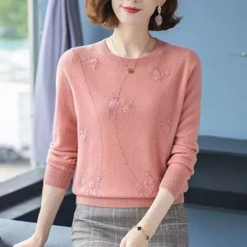 Осень-зима Женская мода свитера Модные трикотажные изделия Теплые длинные рукава О-образный вырез Вязаные пуловеры Свитера M розовый