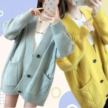 Осень-зима Женская мода V-образный воротник вязаный свитер женский свободный кардиган джемпер дамы 5 цветов большой карман вязаный жакет женский пальто S абрикосовый