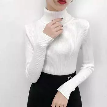 Осень-зима Женская мода водолазка свитер тонкий однотонный джемпер вязаные пуловеры одежда повседневные длинные рукава теплые свитера 28663 One Size белый