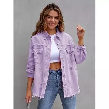 Осень Зима Женская Новая Джинсовая Куртка Мода Потертый Край Рваная Дыра Ажурная Длинный Рукав Однобортная Повседневная Рубашка с Воротником S фиолетовый