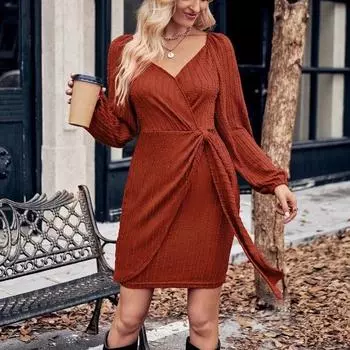 Осень/зима женская одежда с запахом на бедрах, повседневная однотонная однотонная одежда с длинными рукавами и v-образным вырезом, тонкий пояс, офисное женское платье, Vestidos De Mujer 30333 S чёрный