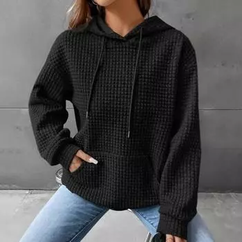 Осень-зима, женская однотонная толстовка с накладным карманом, цветная, свободная, на шнурке, с капюшоном, большая, толстая, теплая, с длинным рукавом, вафельная 2XL чёрный