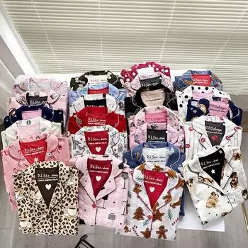 Осень-зима женская пижама из хлопка и шерсти, теплая толстая пижама с длинным рукавом и рисунком, женская домашняя одежда, одежда на месяц XS