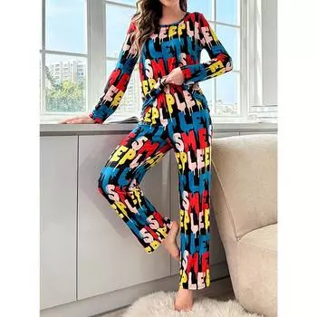 Осень-зима Женская пижама Комплект с длинными рукавами Пижама из молочного шелка с принтом в виде букв Пижама с граффити Женская домашняя одежда S