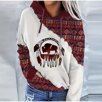 Осень-зима Женская повседневная толстовка с капюшоном и геометрическим принтом с длинным рукавом и завязками в этническом стиле S