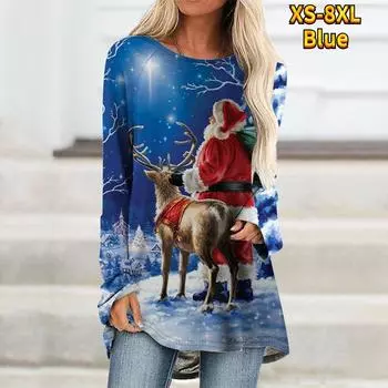 Осень-зима женская повседневная уличная футболка с круглым вырезом Рождественский топ в стиле ретро с длинными рукавами пуловер с принтом Санта-Клауса элегантная футболка S