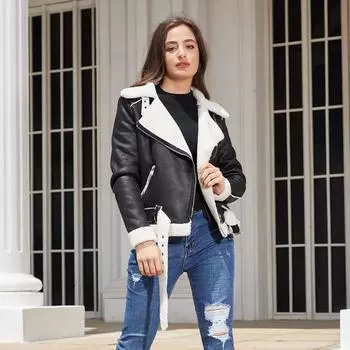 Осень-зима Женская приталенная куртка из искусственной кожи с воротником-лацканами и длинным рукавом на молнии S чёрный