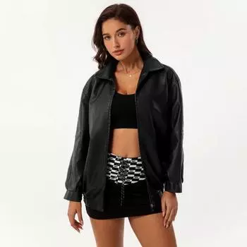 Осень-зима Женская приталенная куртка из искусственной кожи с воротником-лацканами и длинным рукавом на молнии S чёрный