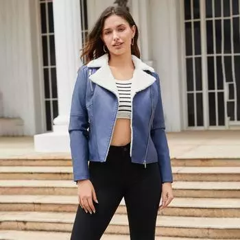 Осень-зима Женская приталенная куртка из искусственной кожи с воротником-лацканами и длинным рукавом на молнии XS чёрный