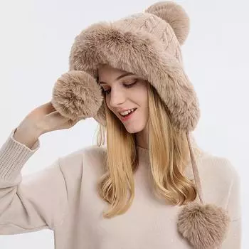 Осень-зима Женская шапка-пуловер с тремя меховыми шариками, утепленная, однотонная вязаная шапка One Size синий