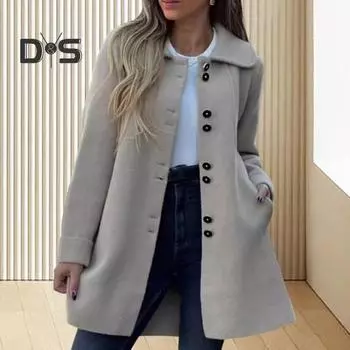 Осень-зима женская шерстяная куртка с лацканами, длинные рукава, однотонная, свободная посадка, повседневная одежда, пальто, повседневная уличная одежда M чёрный