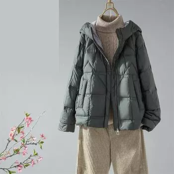 Осень-зима Женская свободная легкая пуховая куртка с коротким капюшоном на молнии, свободный прямой пуховик-труба, однотонный цвет XL чёрный