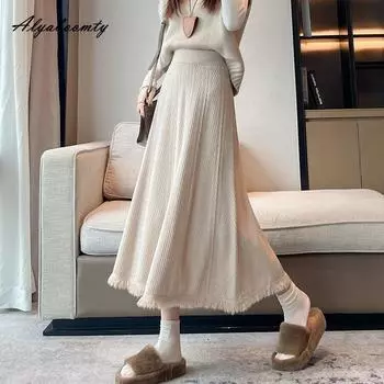 Осень Зима Женская Теплая Базовая Миди Юбка Эластичная Талия Бежевая Черная Юбка Вязаная Кисточками Элегантная Женственная Женские Юбки One Size