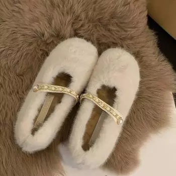 Осень-зима Женская теплая меховая обувь на плоской подошве Модная обувь с мелкой цепочкой Женская удобная домашняя обувь с мягкой подошвой 35 хаки