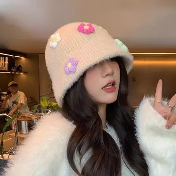 Осень-зима женская теплая защитная шапка-ведро для рыбалки вязаная шерстяная шапка с цветком кофейный
