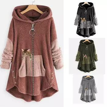 Осень-зима Женская толстовка на молнии, флисовая куртка, теплая, с длинным рукавом, плюшевая, с рисунком кошки, уличная, пальто, свободная, повседневная, средней длины, верхняя одежда S серый