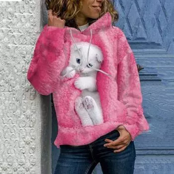 Осень-зима женская толстовка с 3D животным принтом свободная с капюшоном толстый плюшевый мягкий теплый пуловер с длинными рукавами средней длины с эластичными манжетами повседневный топ S белый