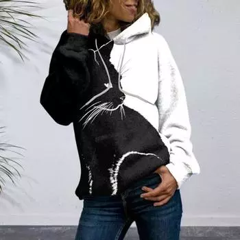 Осень-зима женская толстовка с 3D животным принтом свободная с капюшоном толстый плюшевый мягкий теплый пуловер с длинными рукавами средней длины с эластичными манжетами повседневный топ 2XL синий