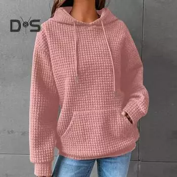 Осень-зима женская толстовка с большим накладным карманом и шнурком с капюшоном, однотонная, свободная, толстая, теплая, с длинным рукавом, вафельная текстура, женский пуловер, топ 2XL чёрный