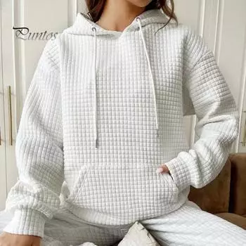 Осень-зима женская толстовка с большим накладным карманом и шнурком с капюшоном, однотонная, свободная, толстая, теплая, с длинным рукавом, вафельная текстура, женский пуловер, топ 2XL чёрный