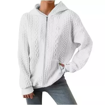 Осень-зима женская толстовка с капюшоном из жаккардовой ткани с застежкой-молнией и накладными карманами, свободные, удобные, повседневные толстовки с капюшоном, женские толстовки S белый
