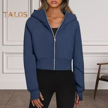 Осень-зима Женская толстовка с капюшоном, короткая, плотная, плюшевая, однотонная, на молнии, с длинными рукавами, свободные эластичные манжеты, подол, спортивная, повседневная, офисная, спортивная куртка S зелёный