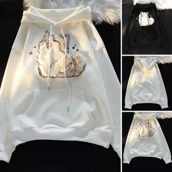 Осень-зима Женская толстовка с капюшоном на эластичных манжетах с завязками, плотная флисовая вышивка с изображением кота, большой размер, накладной карман, свободная M абрикосовый