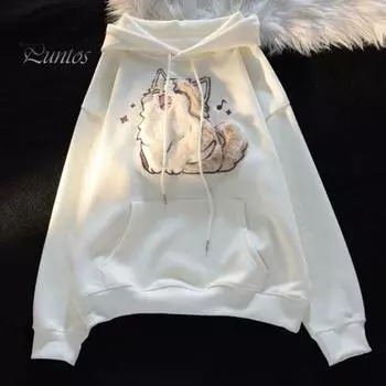 Осень-зима Женская толстовка с капюшоном на эластичных манжетах с завязками на резинке, плотная флисовая вышивка с изображением кота, большой размер, накладные карманы, свободный пуловер с длинными рукавами, теплый парный топ M чёрный