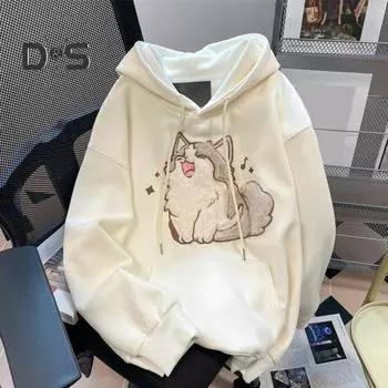 Осень-зима Женская толстовка с капюшоном на эластичных манжетах с завязками на резинке, плотная флисовая вышивка с изображением кота, большой размер, накладные карманы, свободный пуловер с длинными рукавами, теплый парный топ L абрикосовый