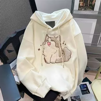 Осень-зима Женская толстовка с капюшоном на эластичных манжетах с завязками на резинке, плотный флис с вышивкой в виде кота, большой размер, накладные карманы, свободный пуловер с длинными рукавами, W M чёрный