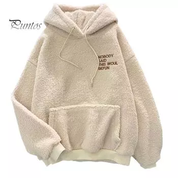 Осень-зима Женская толстовка с капюшоном на эластичных манжетах из плотного флиса с накладными карманами, свободный свитер с длинными рукавами, теплый топ с вышитыми буквами S абрикосовый