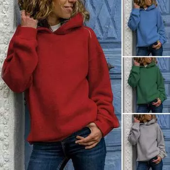 Осень-зима Женская толстовка с капюшоном, плотная, однотонная, свободная, с длинными рукавами, эластичные манжеты, теплый спортивный топ, повседневный стиль, уличная одежда, толстовка с капюшоном XL синий