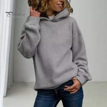 Осень-зима Женская толстовка с капюшоном, плотная, однотонная, свободная, с длинными рукавами, эластичные манжеты, теплый спортивный топ, повседневный стиль, уличная одежда, толстовка с капюшоном M красный