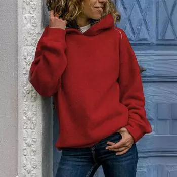Осень-зима Женская толстовка с капюшоном, плотная, однотонная, свободная, с длинными рукавами, эластичные манжеты, теплый спортивный топ, повседневный стиль, уличная одежда, толстовка с капюшоном M красный