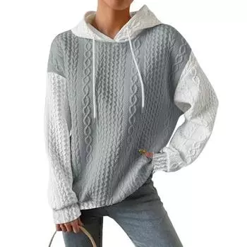 Осень-зима Женская толстовка с капюшоном, подходящая по цвету, с завязками, с капюшоном, скрученная текстура, длинный свободный свитер без рукавов, свободный свитер S серый/белый