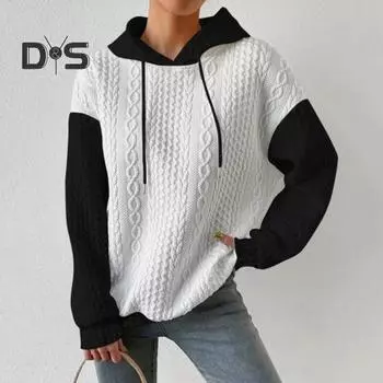 Осень-зима Женская толстовка с капюшоном, подходящая по цвету, с завязками на шнурке, с капюшоном, скрученная текстура, длинный свободный свитер без рукавов, свободный свитер, повседневная спортивная одежда S серый белый