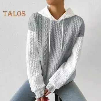 Осень-зима Женская толстовка с капюшоном, подходящая по цвету, с завязками на шнурке, с капюшоном, скрученная текстура, длинный свободный свитер без рукавов, свободный свитер, повседневная спортивная одежда S серый белый