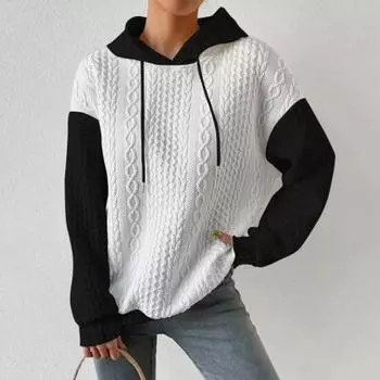 Осень-зима Женская толстовка с капюшоном, подходящая по цвету, с завязками на шнурке, с капюшоном, скрученная текстура, длинный свободный свитер без рукавов, свободный свитер, повседневная спортивная одежда S серый белый