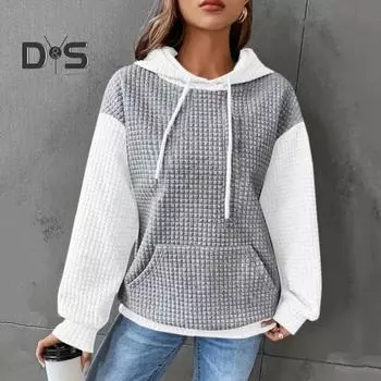 Осень-зима Женская толстовка с капюшоном, подходящая по цвету, с завязками на шнурке, с вафельной текстурой, без рукавов, с большим карманом, свободный свитер, повседневный спортивный топ L черный серый