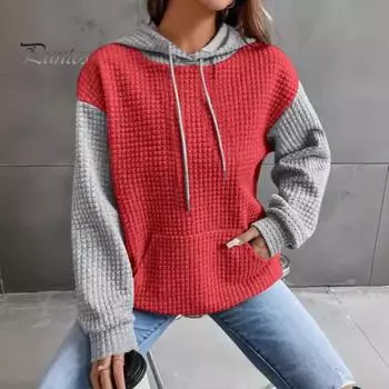 Осень-зима Женская толстовка с капюшоном, подходящая по цвету, с завязками на шнурке, с вафельной текстурой, без рукавов, с большим карманом, свободный свитер, повседневный спортивный топ L черный серый