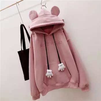 Осень-зима Женская толстовка с капюшоном с рисунком в виде руки, завязками на ушах, толстыми накладными карманами, свободными длинными рукавами, теплый топ с вышитыми буквами S белый