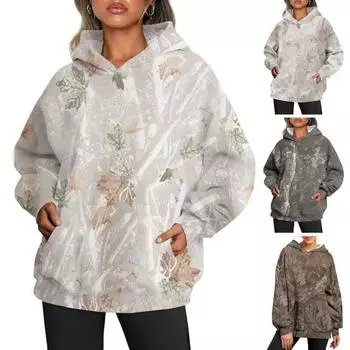 Осень-зима Женская толстовка с капюшоном с принтом листьев, большой карман, длинные рукава, толстая, теплая, свободная L