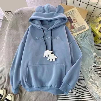 Осень-зима Женская толстовка с капюшоном с рисунком в виде руки, завязками на ушах, толстыми накладными карманами, свободными длинными рукавами, теплый топ с вышитыми буквами L розовый