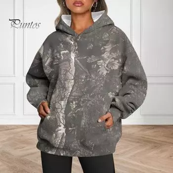 Осень-зима Женская толстовка с капюшоном с принтом листьев, большим карманом, длинными рукавами, толстая теплая, свободная, с капюшоном, камуфляжная, повседневная, спортивная L 2